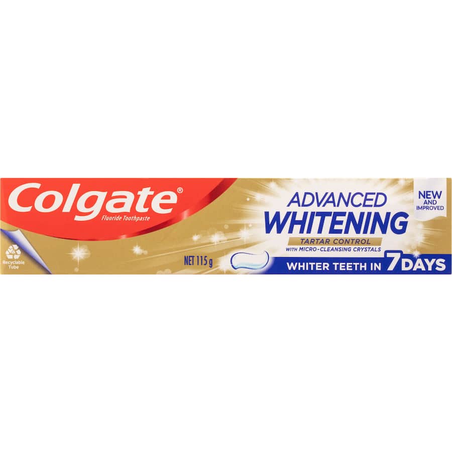 Colgate Advanced Whitening Toothpaste for a radiant smile, with Micro-Cleansing Crystals to remove stains and fight tartar.