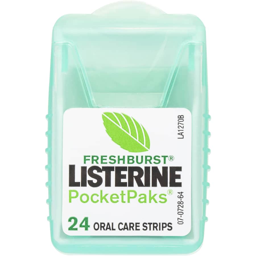 Listerine Freshburst Pocket Packs with 72 sugar-free strips for on-the-go breath freshness and instant germ-killing power.