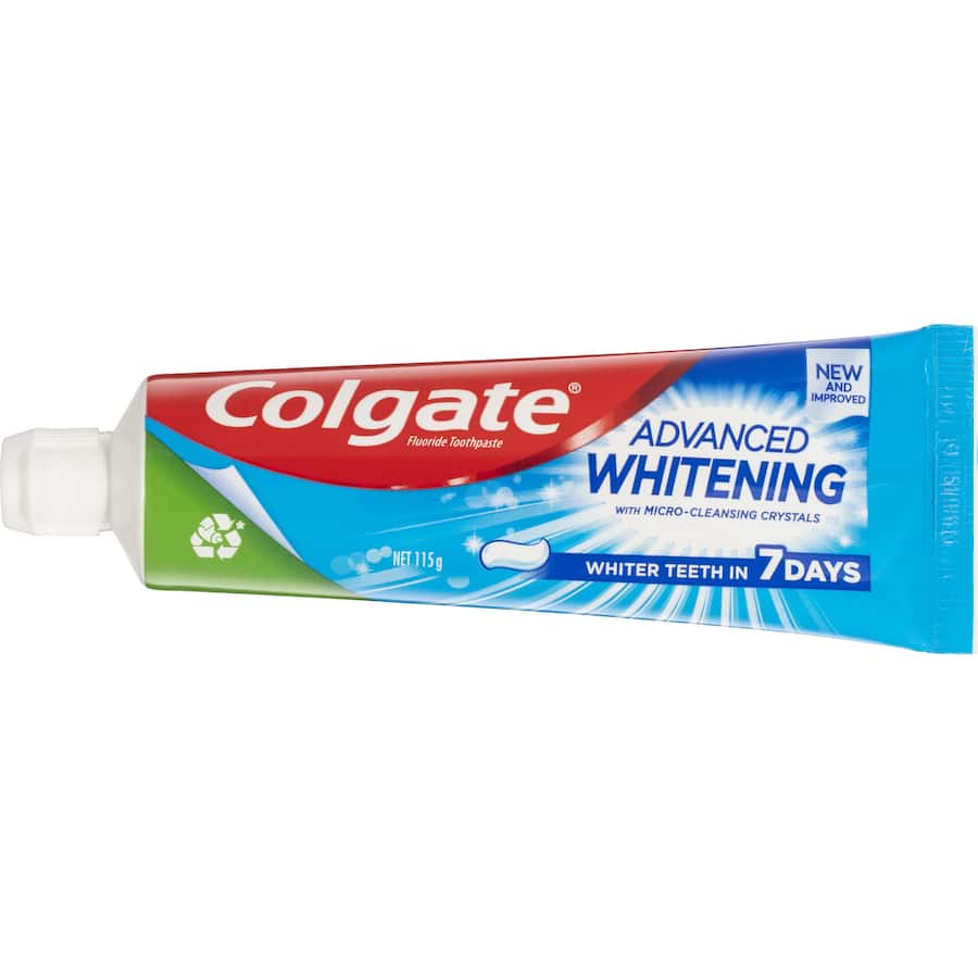 Colgate Advanced Whitening Toothpaste with micro-cleansing crystals for brighter, whiter teeth and effective plaque removal.