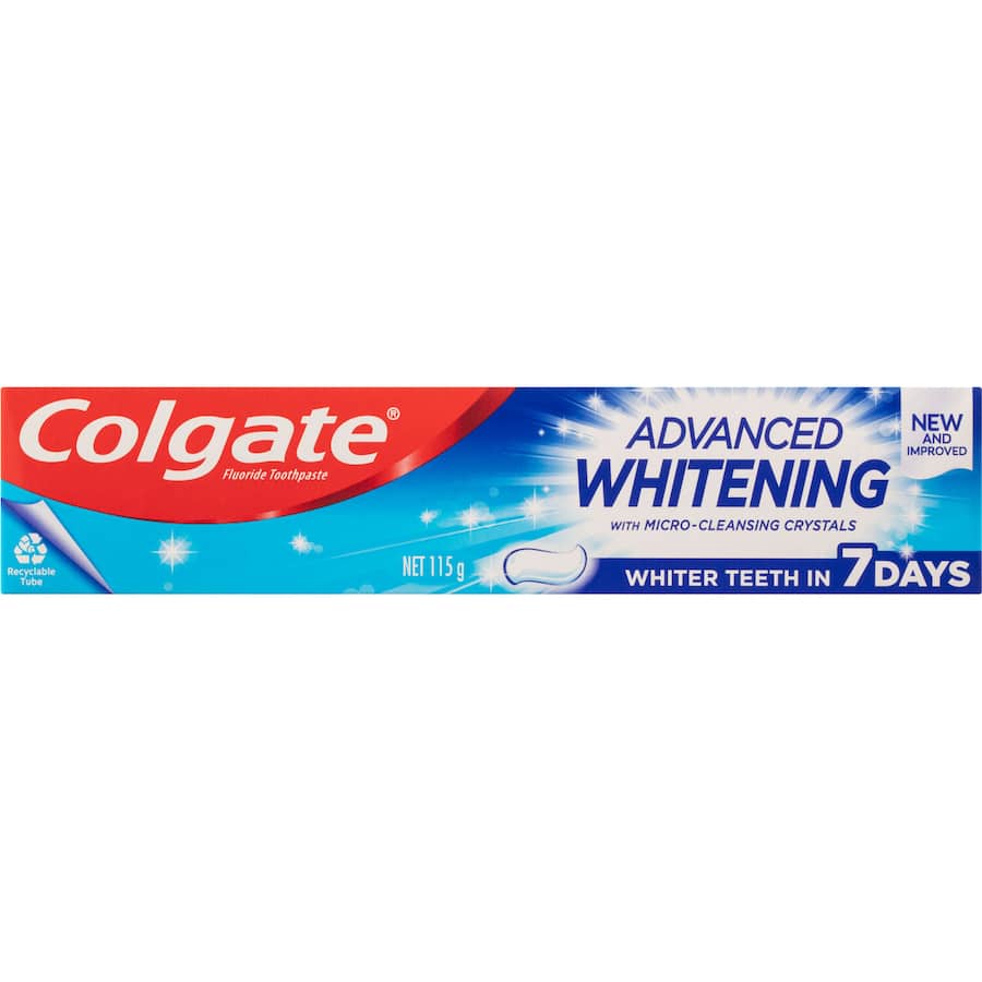 Colgate Advanced Whitening Toothpaste with Micro-Cleansing Crystals for brightening smiles and fighting plaque effectively.