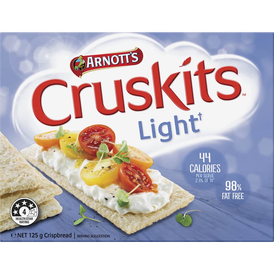 Arnotts Cruskits Light Crispbread, low-fat and 98% fat free, ideal for healthy snacks and toppings.