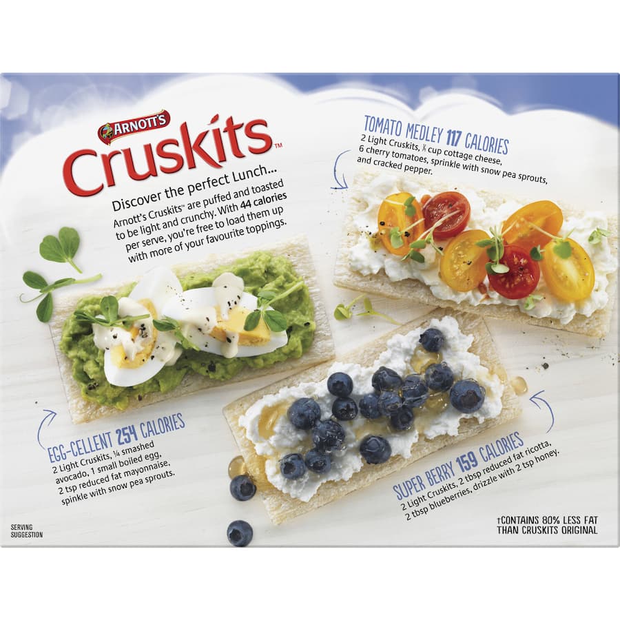 Arnotts Cruskits Light Crispbread, 98% fat-free, low-calorie, all-natural toasted snack perfect for healthy eating.