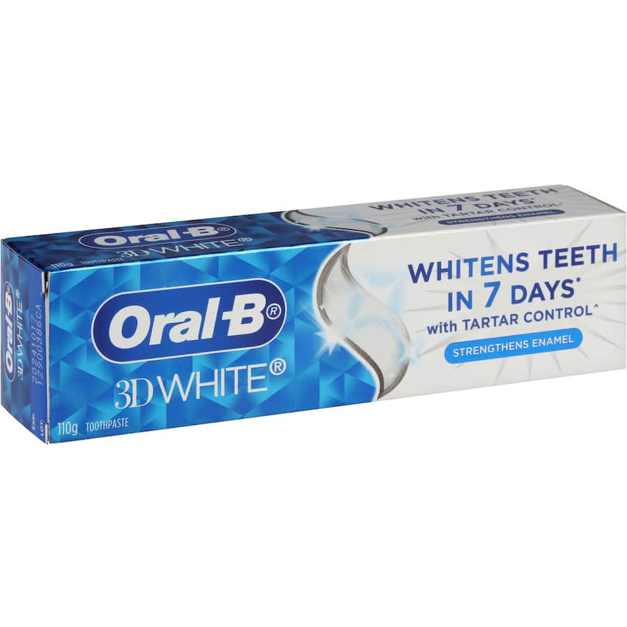 Oral B 3D White Toothpaste strengthens enamel while whitening teeth and preventing stains for a bright, confident smile.