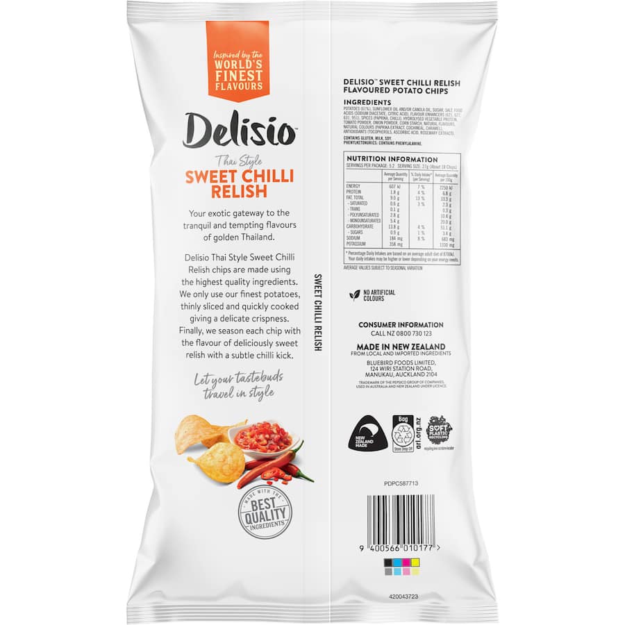 Delisio Chips featuring Sweet Chilli Relish, offering crispy potato slices with a delightful sweet and spicy flavor.