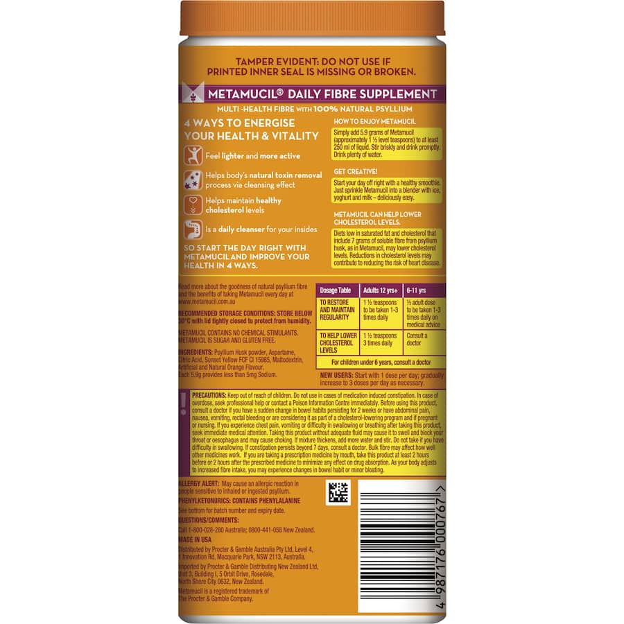 Metamucil Dietary Supplement Orange 425g, a fiber-rich solution for digestive balance and heart health with natural psyllium husk.