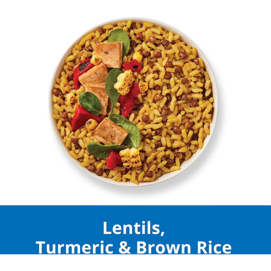 Microwave pouch of Ben's Original Protein+ Rice with Lentils, Turmeric & Brown Rice, ready in 60 seconds for a nutritious meal.