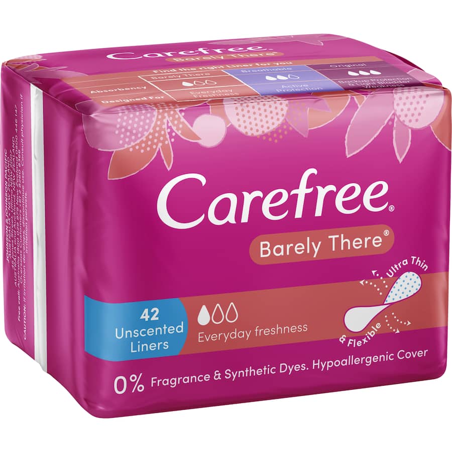 Ultra-thin Carefree Barely There Panty Liners, breathable and flexible for all-day comfort, designed for light discharge protection.