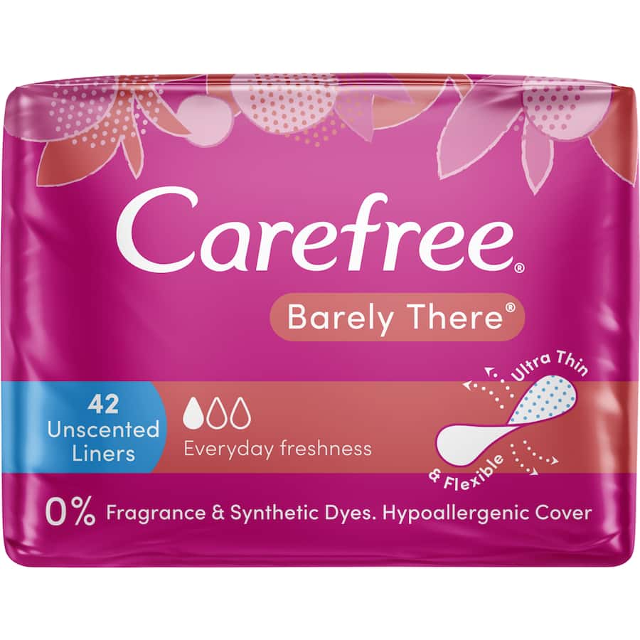 Carefree Barely There Panty Liners: ultra-thin, breathable, flexible liners for everyday fresh protection and comfort.