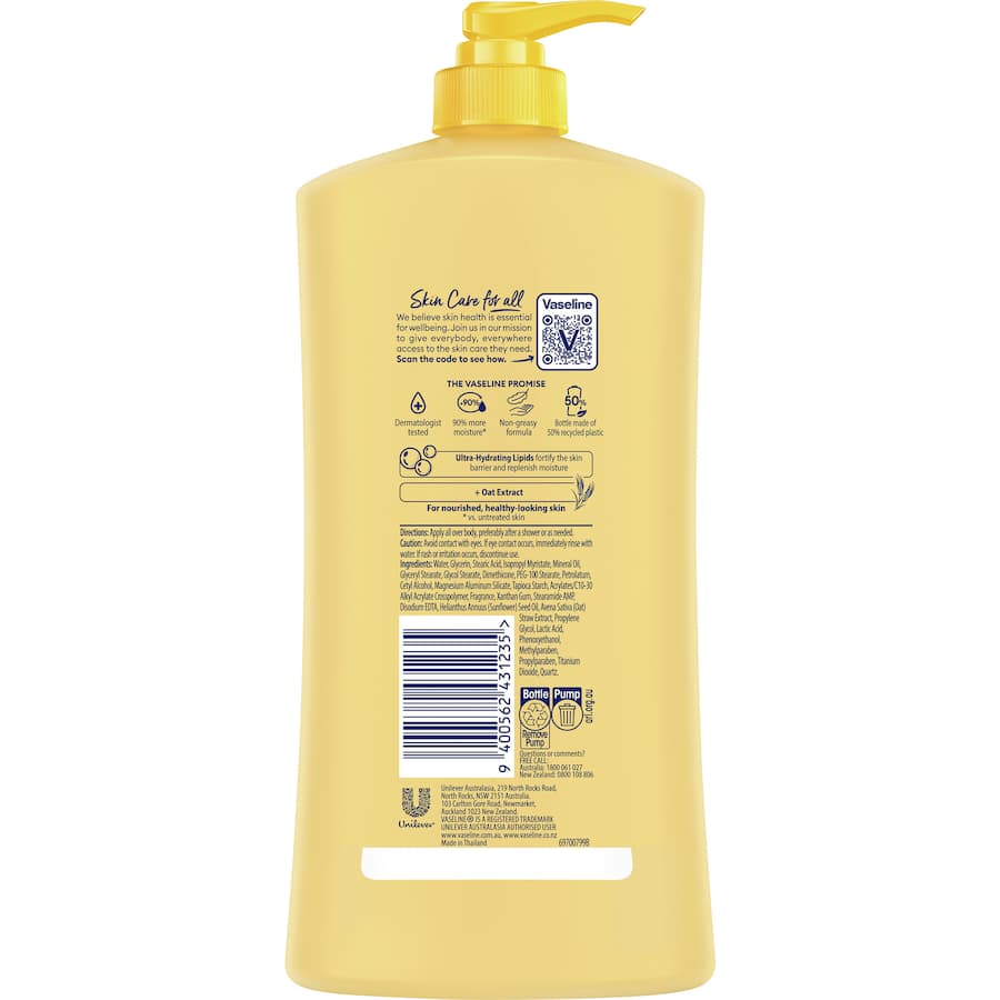 Vaseline Intensive Care Body Lotion for Dry Skin, enriched with Oat Extract, provides 48-hour non-greasy hydration.