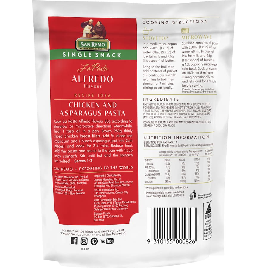 San Remo La Pasta Pasta & Sauce Alfredo Single snack 80g