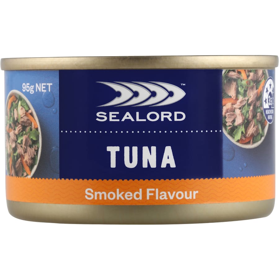 Canned Sealord Sensations Tuna Smoked, offering rich, smoky flavor for sandwiches, salads, or enjoying straight from the can.
