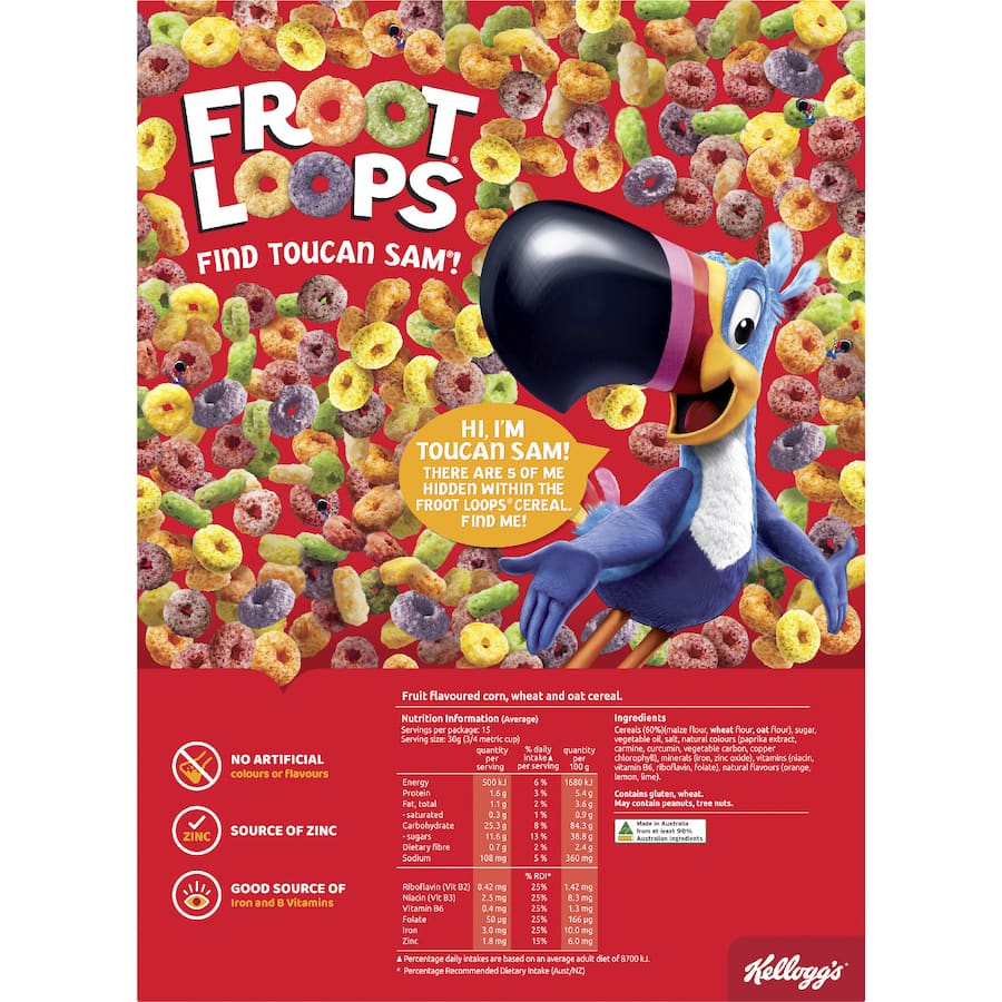 Colorful rings of Kellogg's Froot Loops Cereal, a nutritious breakfast featuring fruit flavors and essential vitamins.
