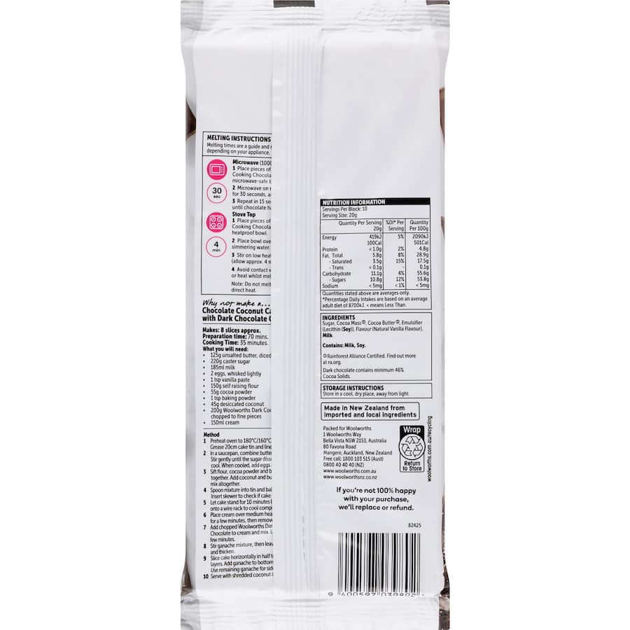 Woolworths Cooking Chocolate Dark 46% cocoa, 200g bar for rich, velvety desserts like cookies, cakes, and brownies.