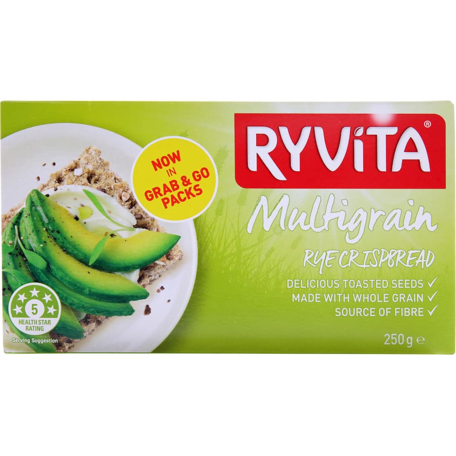 Ryvita Multigrain Crispbread featuring whole grain rye, buckwheat, and toasted seeds; a nutritious, fiber-rich snack.