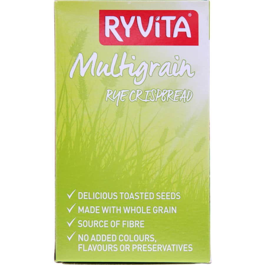 Ryvita Crispbread Multigrain showcasing airy slices of whole grain rye, buckwheat, and toasted seeds for a healthy snack.