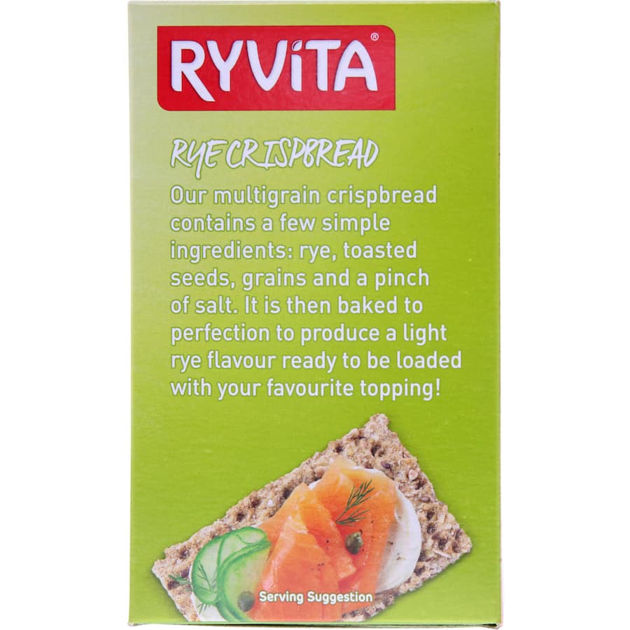 Ryvita Multigrain Crispbread featuring whole grain rye, buckwheat, and toasted seeds for a nutty, fiber-rich snack.