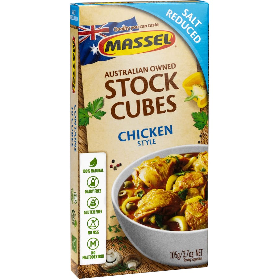 Massel Chicken Style Stock Cubes for flavorful, plant-based cooking; low salt, gluten-free, makes 500ml of rich stock.