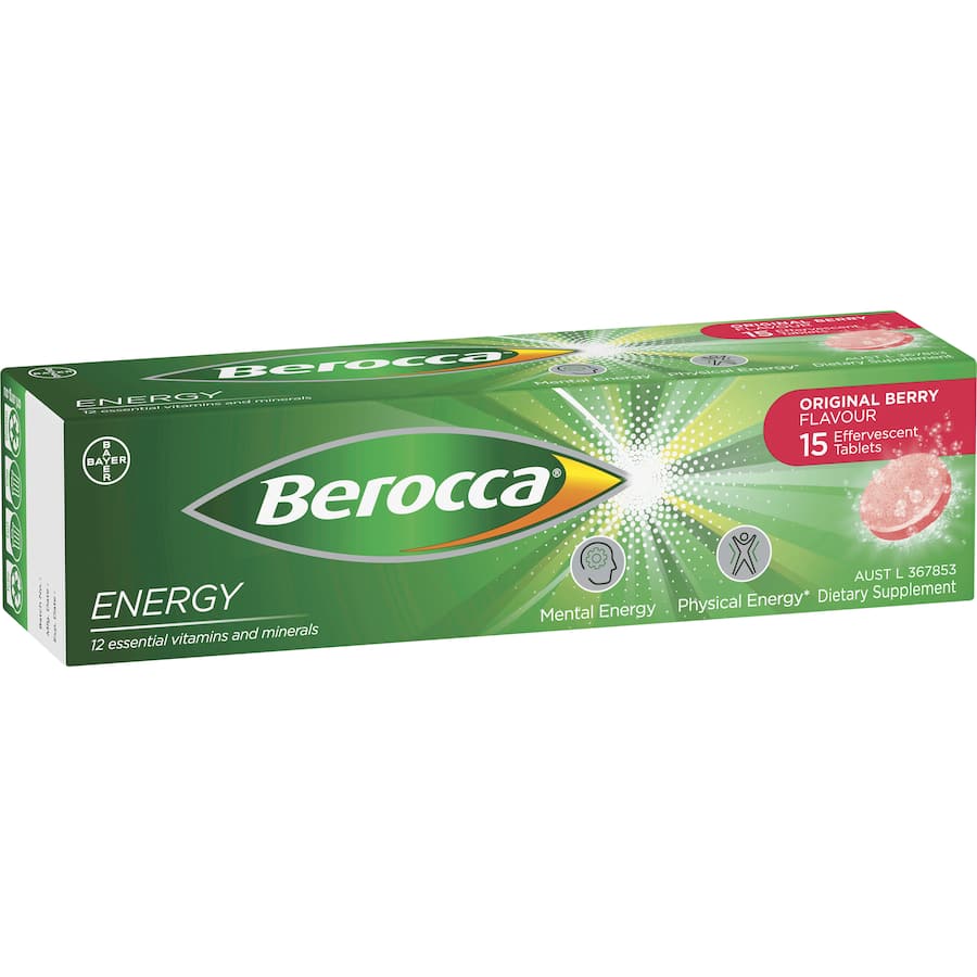 Effervescent Berocca Performance energy vitamins in Original Berry flavor, boosting vitality and cognitive performance.