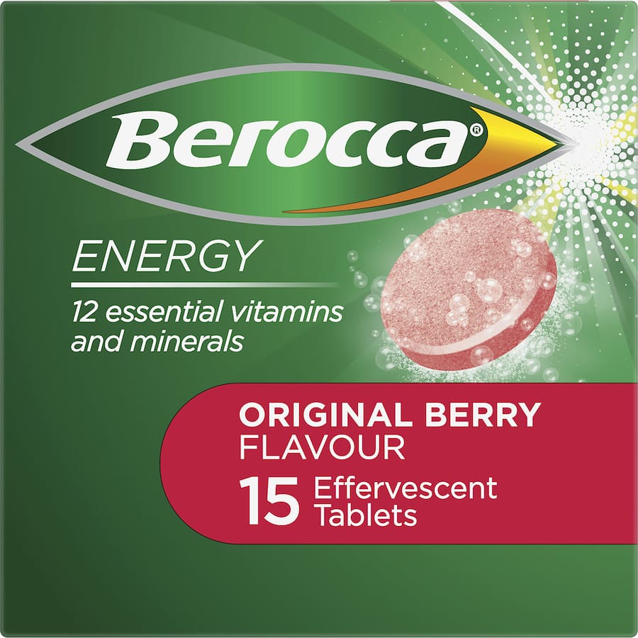 Effervescent vitamin tablet in Original Berry flavor, enhancing energy and cognitive performance with Vitamin C and B vitamins.