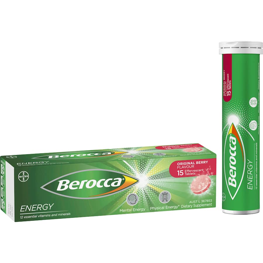 Effervescent Berocca Performance Energy Vitamin C in Original Berry flavor, promoting vitality and cognitive enhancement.