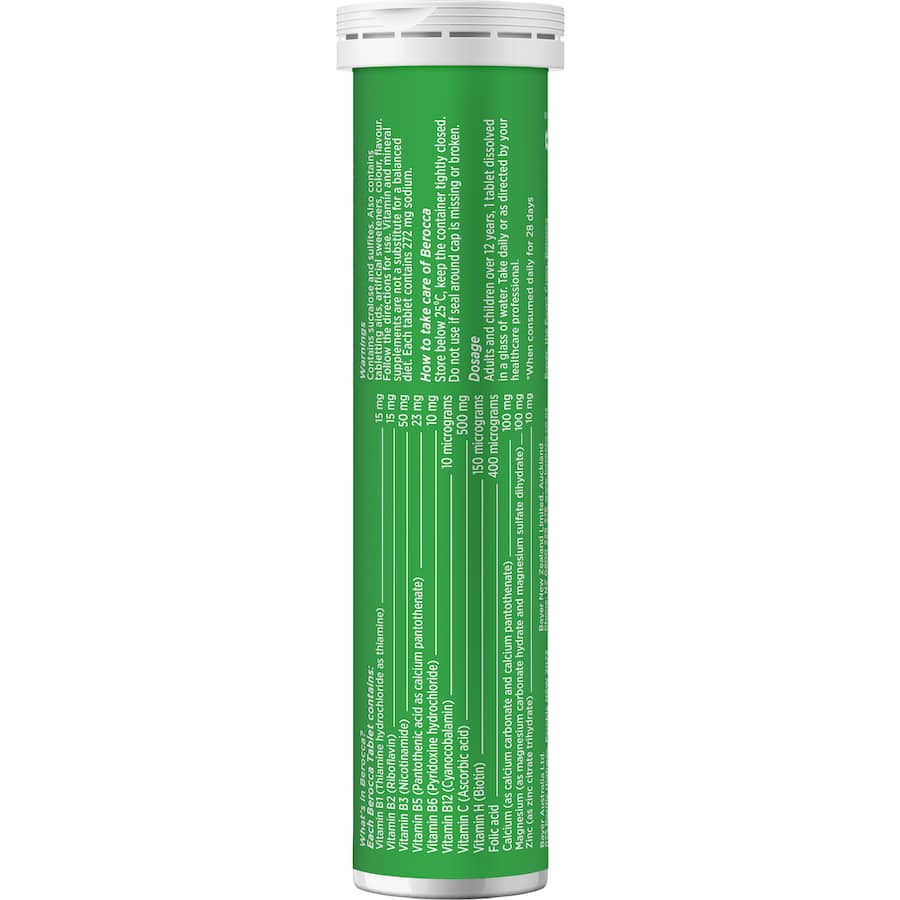 Effervescent berry-flavored energy vitamin with essential B vitamins and Vitamin C for vitality and cognitive performance.