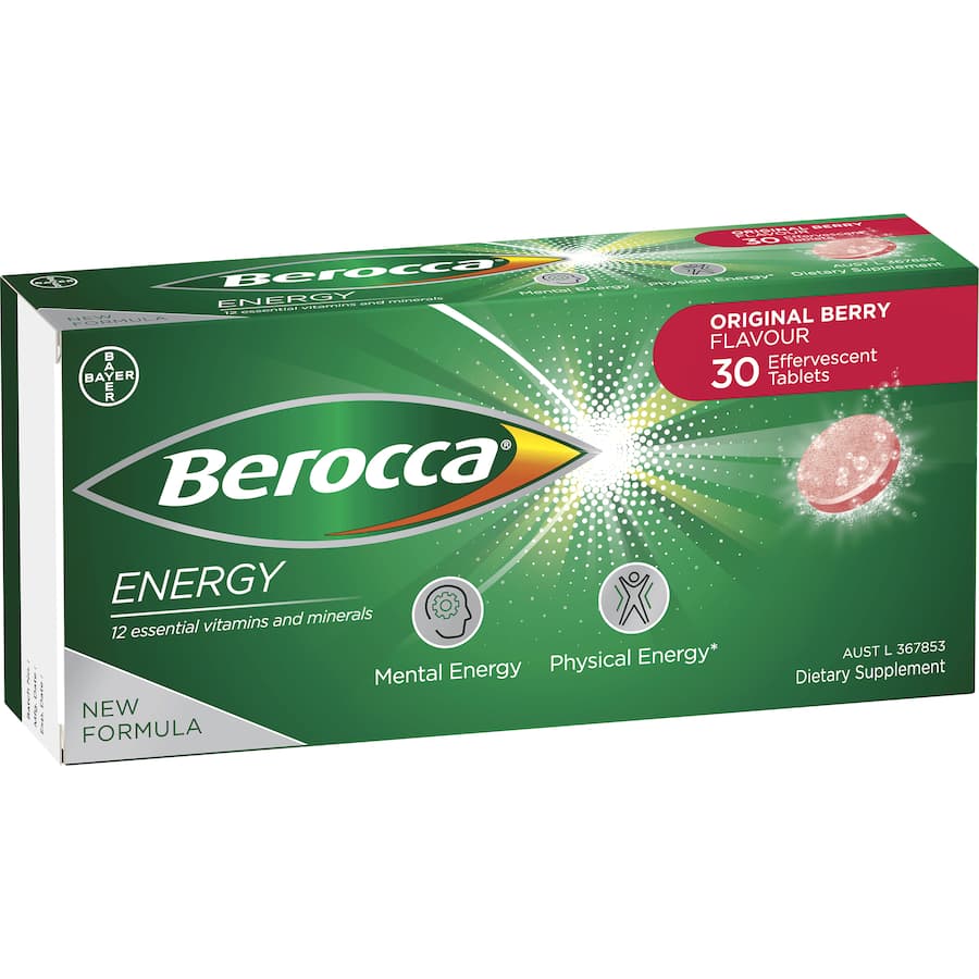 Effervescent tablets in Original Berry flavor to boost energy and mental performance with Vitamin C and B.