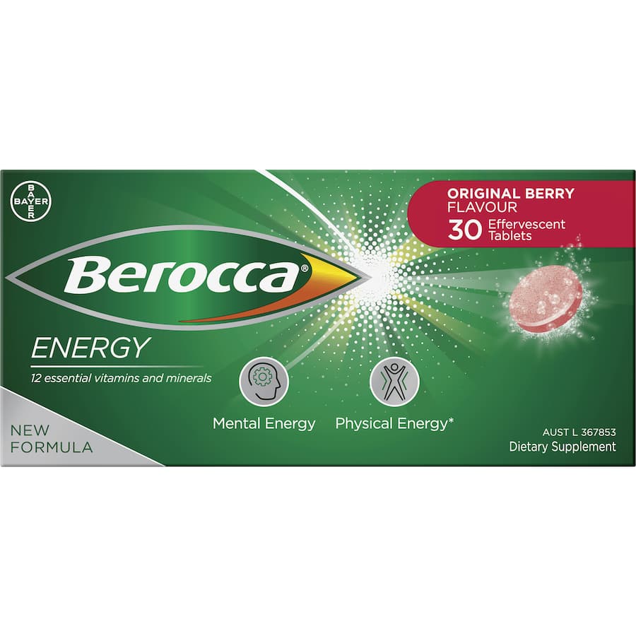 Effervescent Berocca tablets in berry flavor, packed with Vitamin C and B for energy boost and mental performance.
