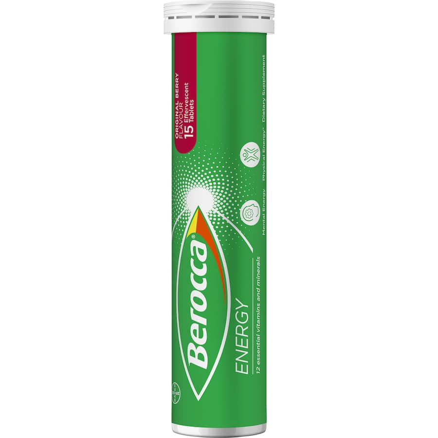 Effervescent Berocca Energy Tablets in Original Berry flavor, packed with vitamins for a quick energy boost.
