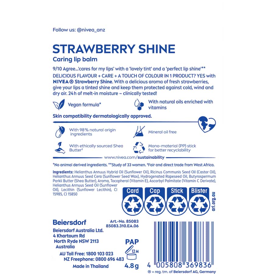 Nivea Fruity Shine Lip Balm Strawberry 4.8g Stick 1pack
