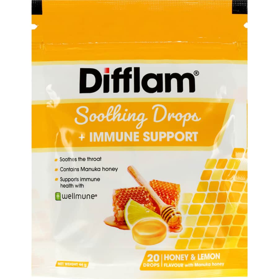 Difflam Honey Lemon Drops in a bright wrapper, offering soothing throat relief and immune support for all ages.