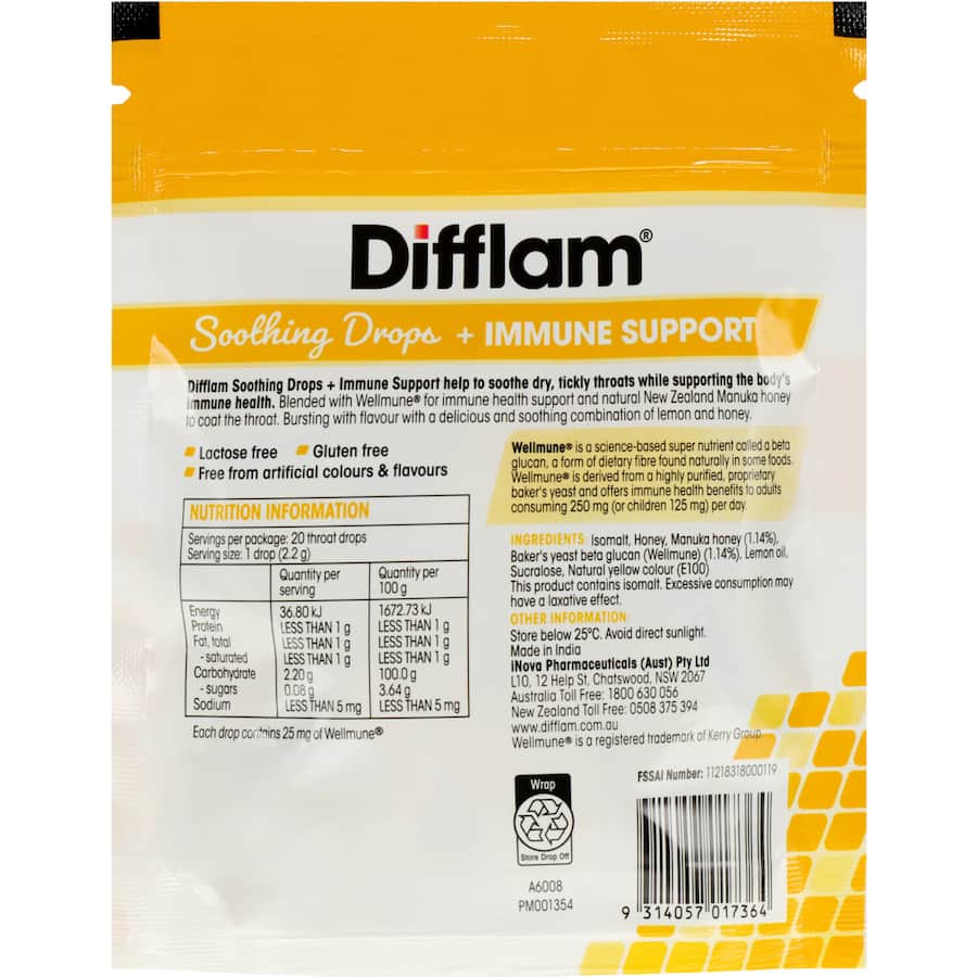 Difflam Honey Lemon Drops in packaging, providing soothing relief for sore throats and immune support, gluten-free and natural.