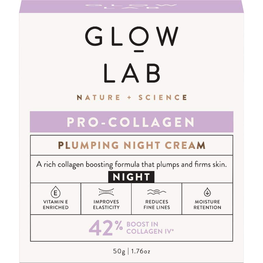 Night cream jar featuring Glow Lab's Pro-Collagen formula, designed for plumper, smoother, and youthful skin overnight.