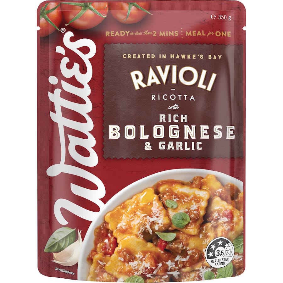 Watties Pasta Meals Ravioli Ricotta Bolognese & Garlic 350g