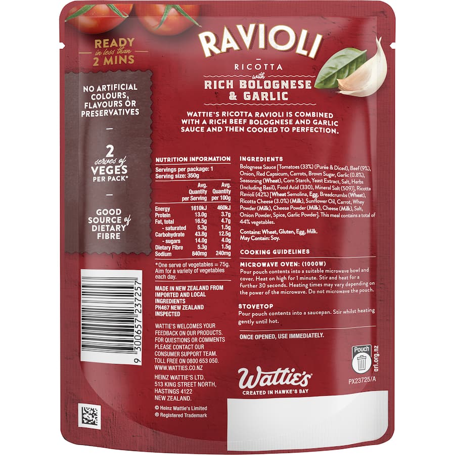 Watties Pasta Meals Ravioli Ricotta Bolognese & Garlic 350g