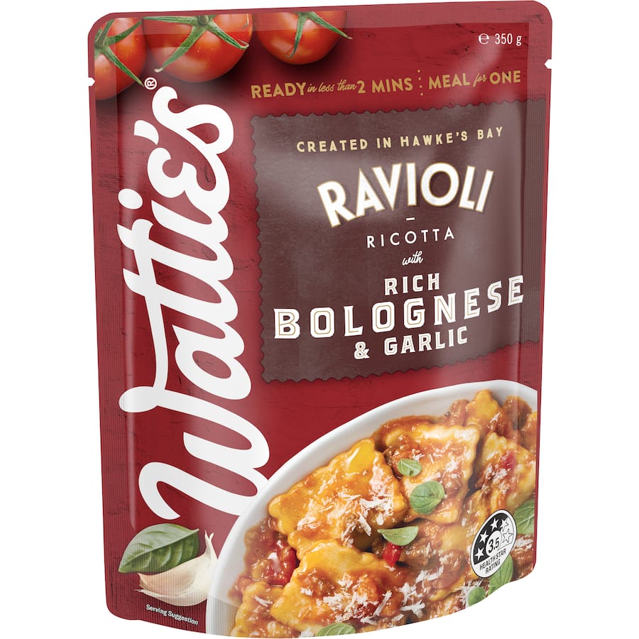 Watties Pasta Meals Ravioli Ricotta Bolognese & Garlic 350g