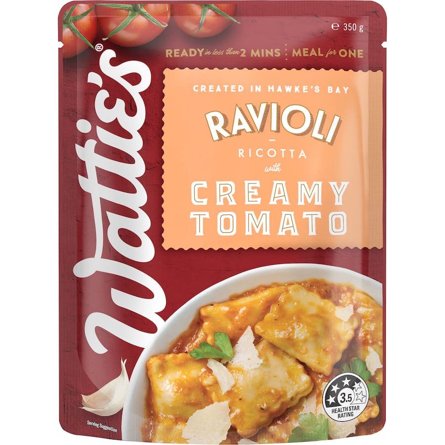 Watties Ravioli Ricotta in creamy tomato sauce, a quick and nutritious meal with no artificial additives, rich in fiber and veggies.