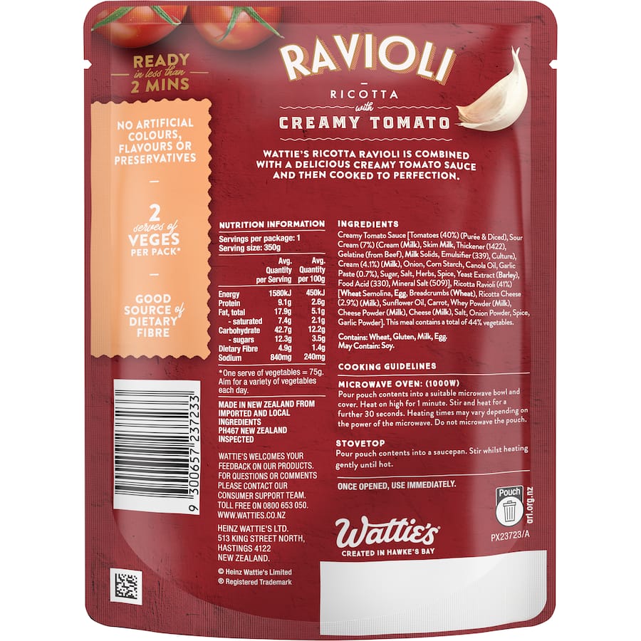 Delicious Watties ravioli filled with ricotta in creamy tomato sauce, ready to eat in under 2 minutes and full of nutrients.