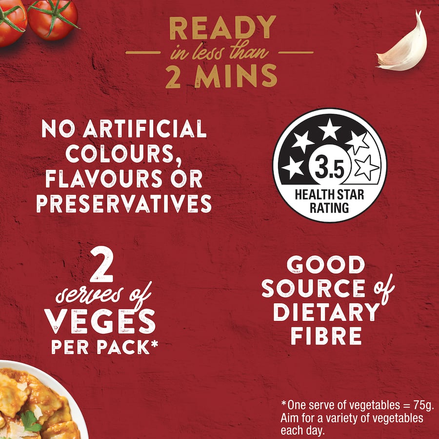 Watties ravioli with ricotta in creamy tomato sauce, a quick and nutritious meal with no artificial additives.