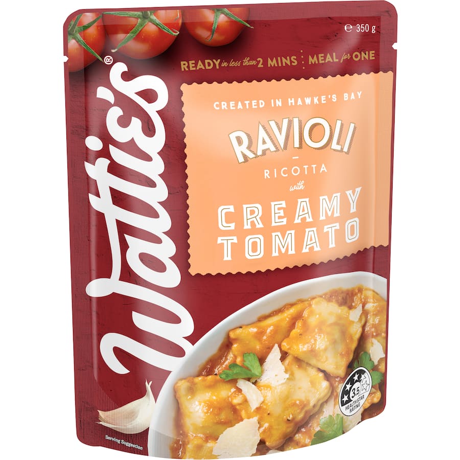 Watties Pasta Meals Ravioli filled with ricotta in creamy tomato sauce, quick, healthy, and ready in under 2 minutes.