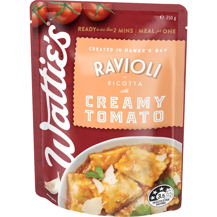 Watties ravioli filled with ricotta in creamy tomato sauce, ready in under 2 minutes, with 2 servings of veggies and no preservatives.
