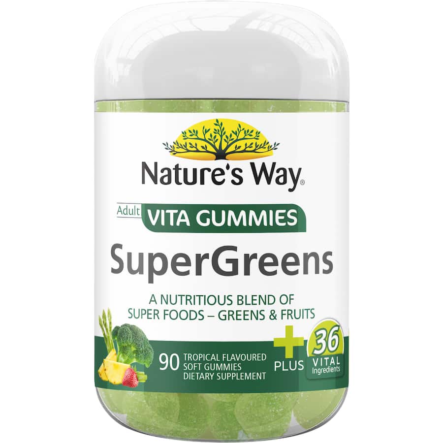 Natures Way Adult Super Greens Vitamin Gummies, a tasty blend of superfoods and acerola for enhanced nutrition and immunity.