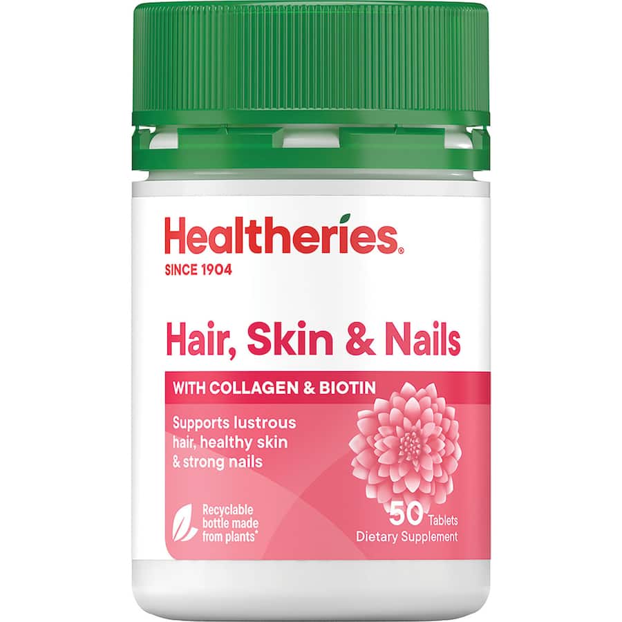 Healtheries Hair Skin & Nails Vitamins capsules support healthy hair, skin, and nails with essential nutrients like Biotin and Zinc.