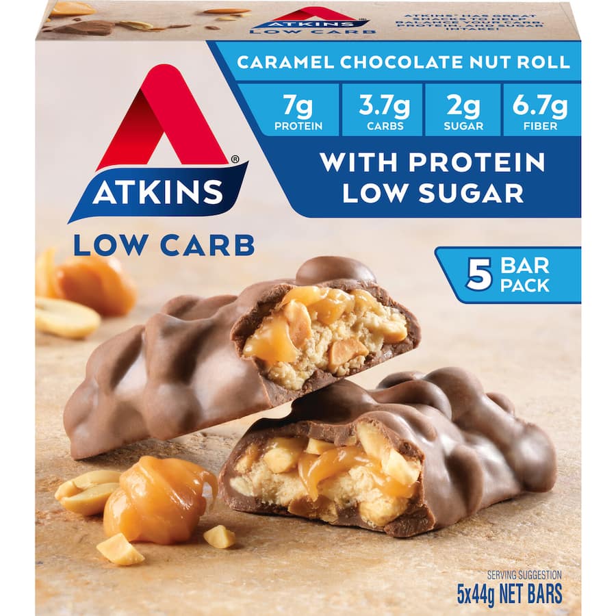Atkins Caramel Chocolate Nut Roll bar, low-carb snack with rich caramel, chocolate, and crunchy nuts for guilt-free indulgence.