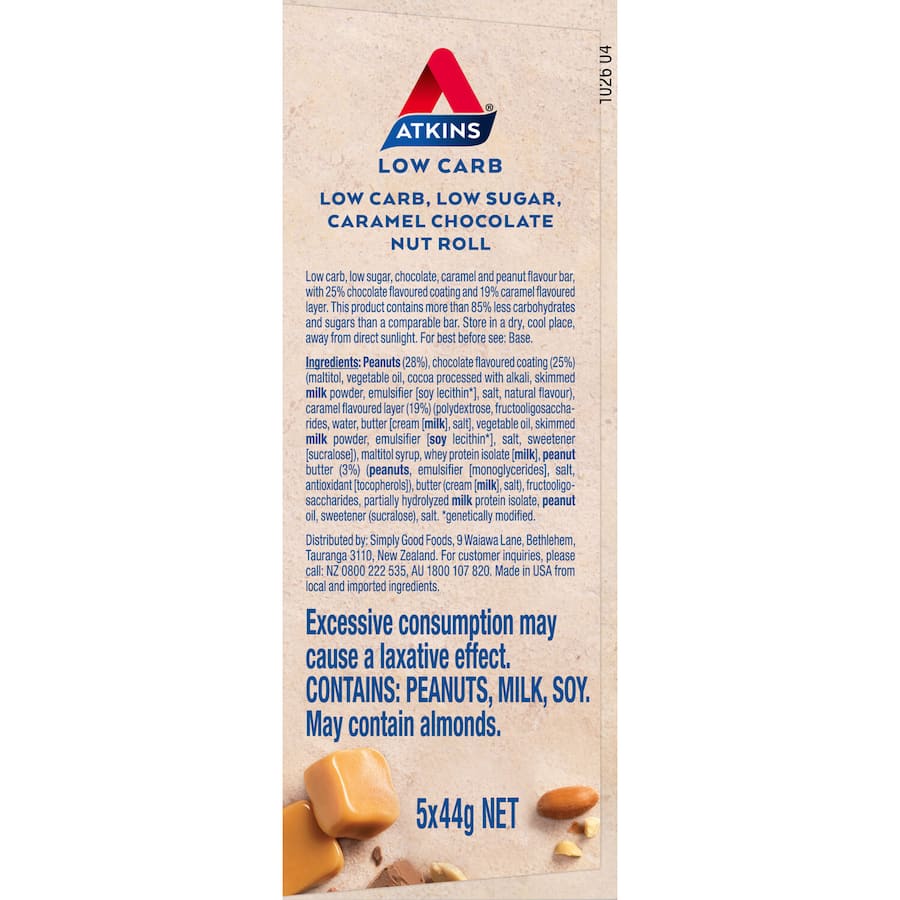 Atkins Nutrition Bar Caramel Chocolate Nut Roll featuring rich caramel, chocolate, and crunchy nuts for a low-carb snack.