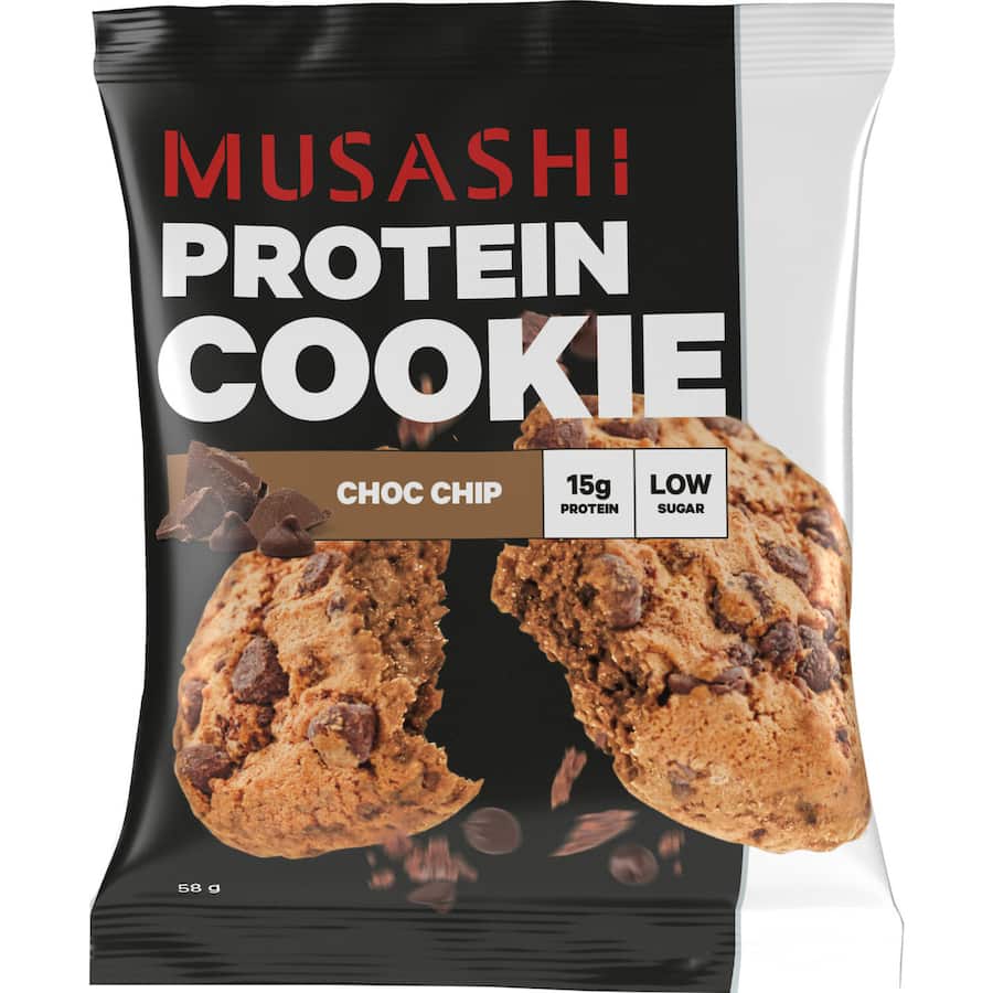 Musashi Protein Bar Cookie Choc Chip, packed with 20g protein, perfect for post-workout recovery and healthy snacking.
