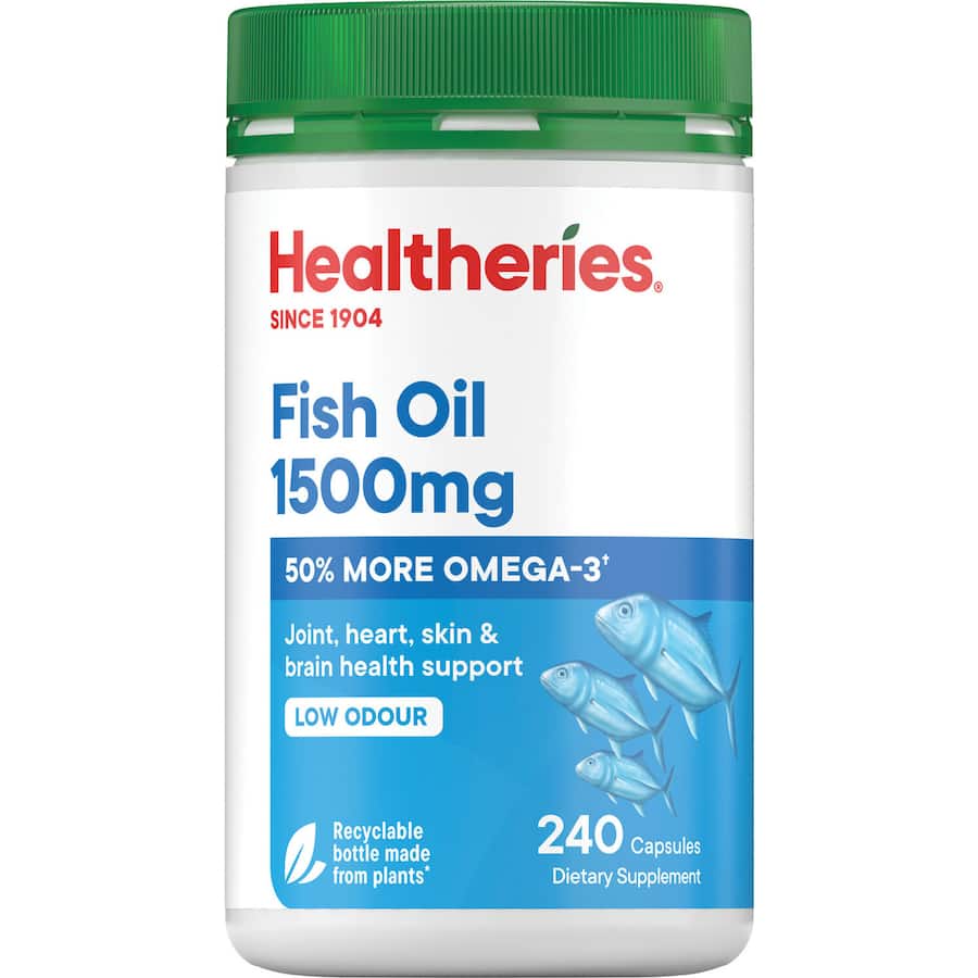 Healtheries Fish Oil 1500mg capsules, rich in Omega-3, support heart, brain, and joint health naturally.