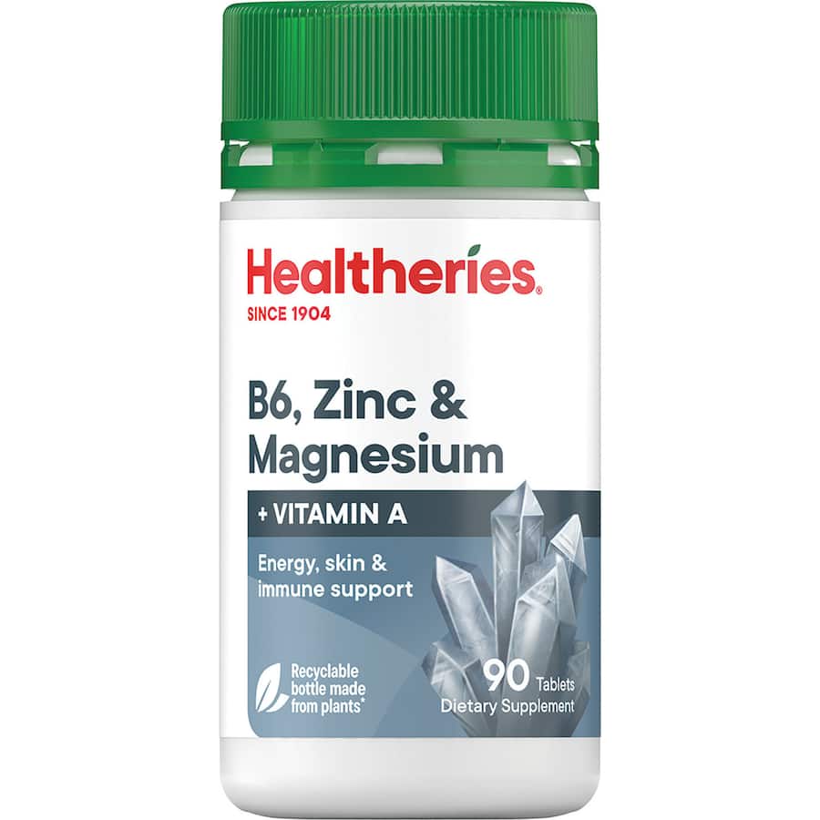 Healtheries Vitamin B6, Zinc & Magnesium supplement supports energy, immune health, and mood balance for overall wellness.
