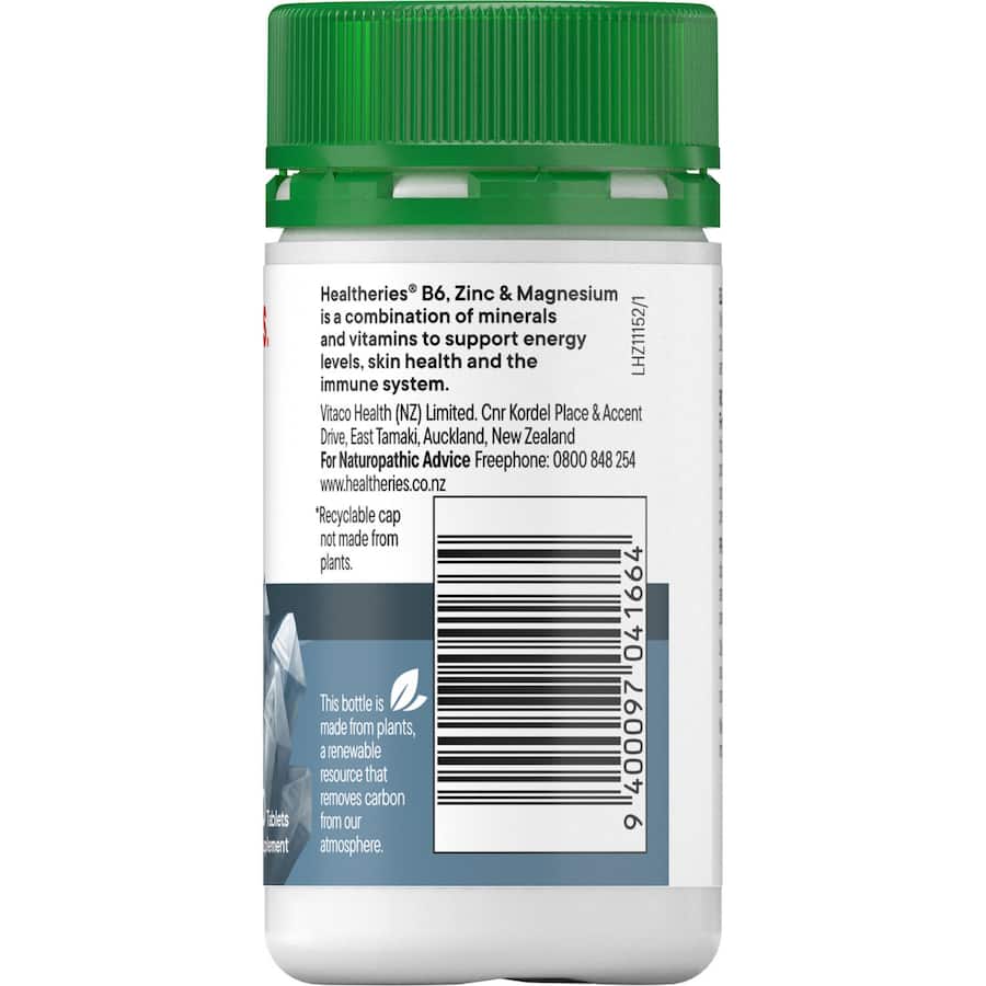 Healtheries Vitamin B6, Zinc & Magnesium supplement for energy, immune support, and overall wellness, vegan-friendly blend.