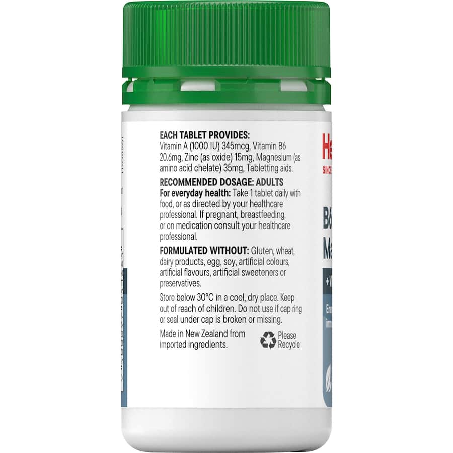 Healtheries Vitamin B6, Zinc & Magnesium supplement for energy, immune support, and mood balance, suitable for vegan diets.