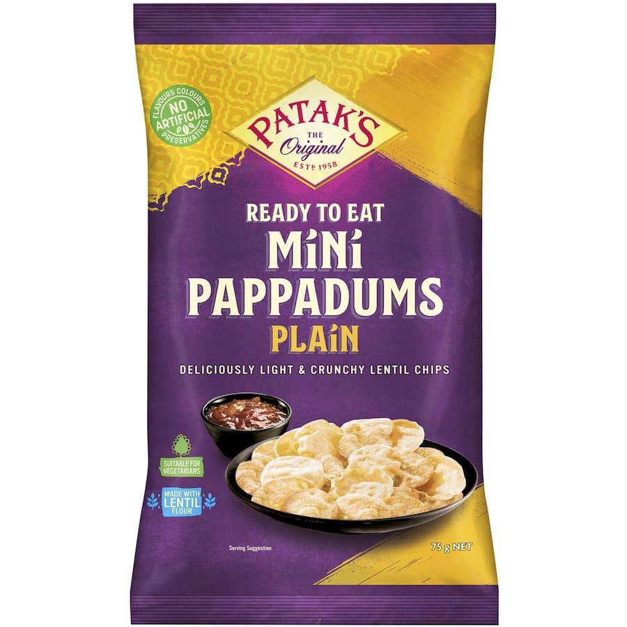 Crispy Patak's mini pappadums made from lentils, perfect for snacking or pairing with chutneys and curries.